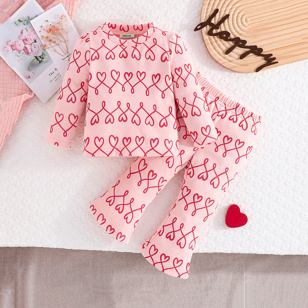 Girls Pink Heart Print Top With Wide Leg Pants Set Sets Pink 3-6 M 