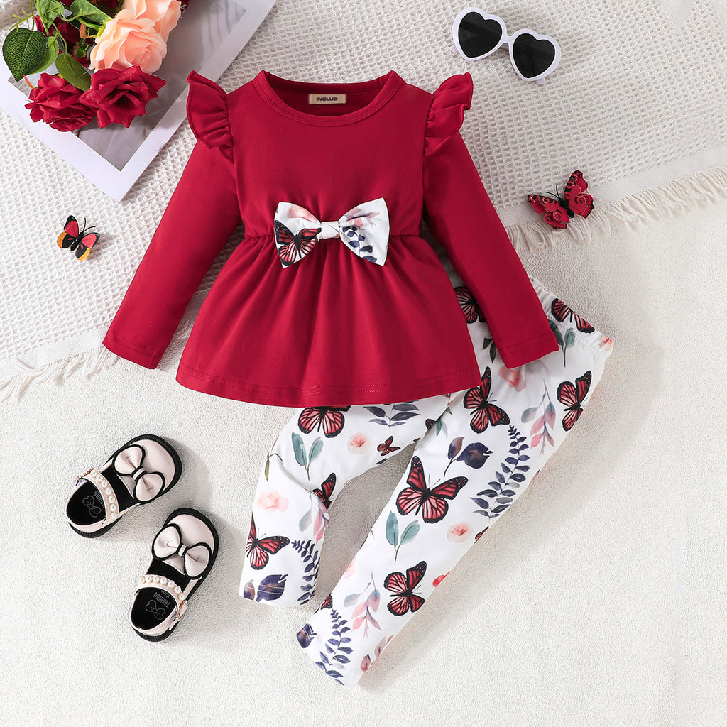 Girls Red long Sleeve Top With Butterfly Printed Pants Set Sets Red 6-9 M 