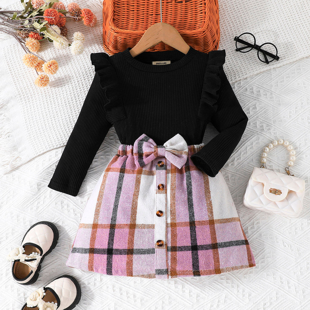 Girls Black Long Sleeve Top With Checked Skirt Set Sets Black 4-5 Y 