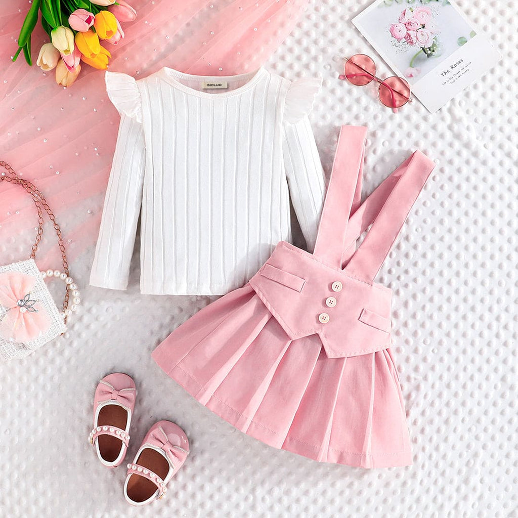 Girls Long Sleeve Top With Pink Suspender Skirt Set Sets Pink 2-3 Y 