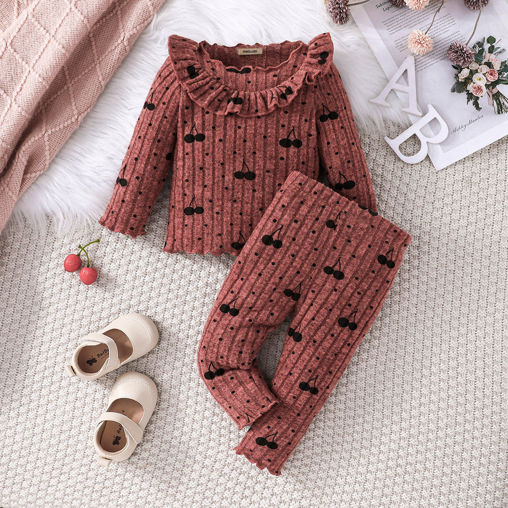 Girls Red Cherry Print Top With Pants Set Sets Red 3-6 M 