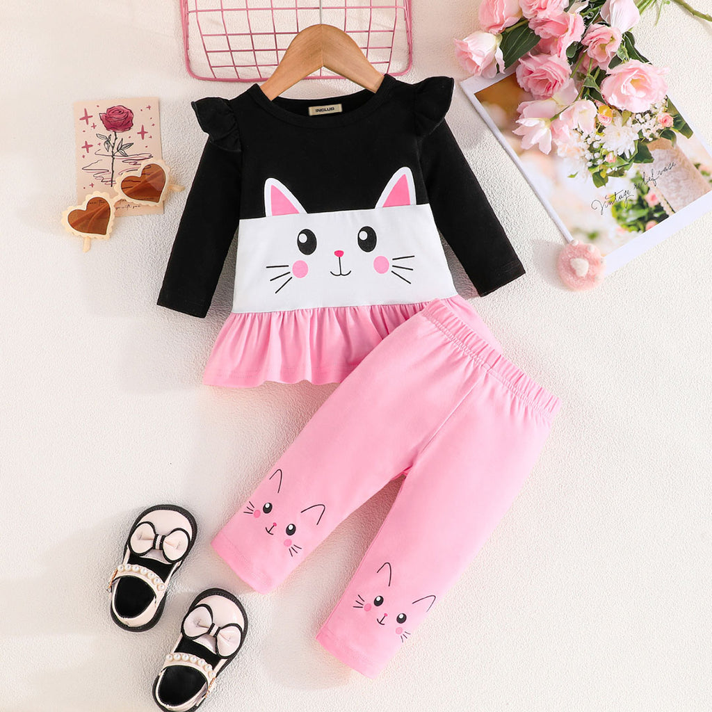 Girls Pink Cat Print Long Sleeve Top With Pants Set Sets Pink 3-6 M 