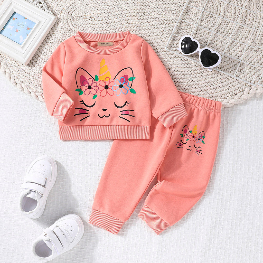 Girls Peach Long Sleeve Cat Print Sweatshirt With Pants Set Sets Peach 6-9 M 