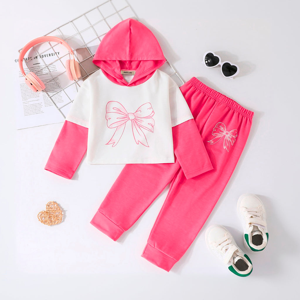 Girls Pink Hooded Bow Print Top With Pants Set Sets Pink 4-5 Y 