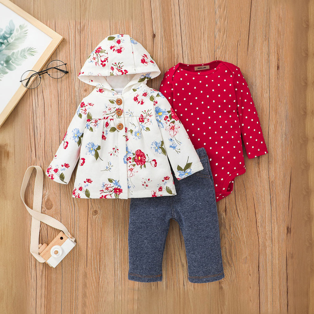 Girls White Floral Print Hooded Jacket With Red Romper And Pants Set Sets White 3-6 M 