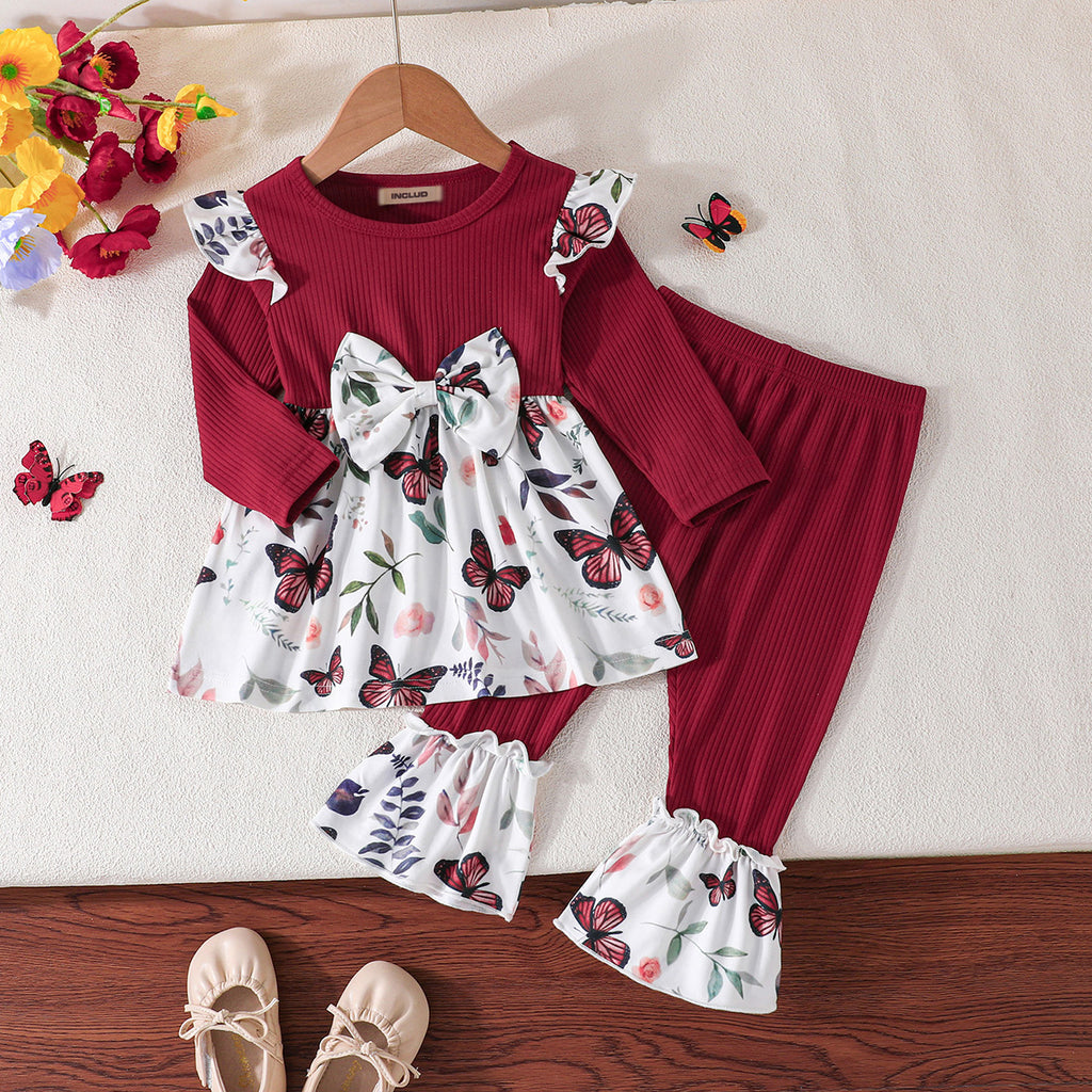 Girls Maroon Butterfly Printed Top With Pants Set Sets Maroon 6-9 M 