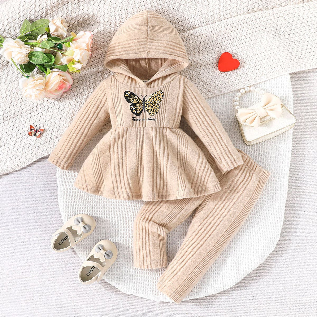 Girls Apricot Butterfly Print Hooded Top With Pants Set Sets Apricot 6-9 M 