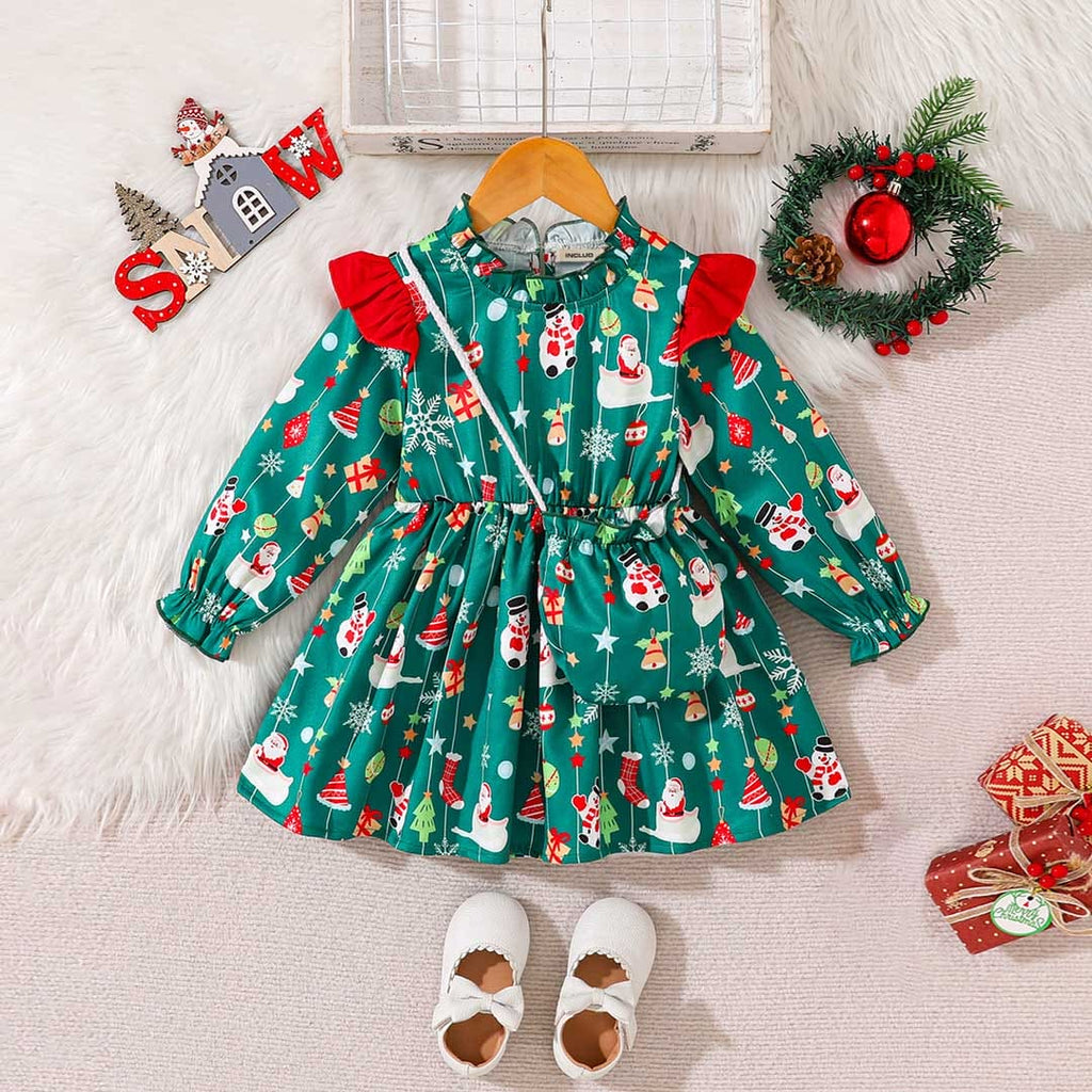 Girls Green Christmas Print Fit & Flare Casual Dress Casual Dresses Green 18-24 M 