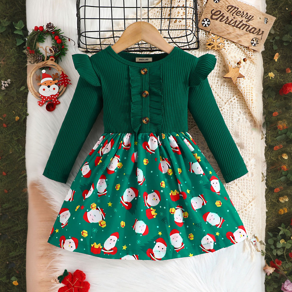 Girls Green Christmas Print Full Sleeves Fit & Flare Dress Casual Dresses Green 1-2 Y 