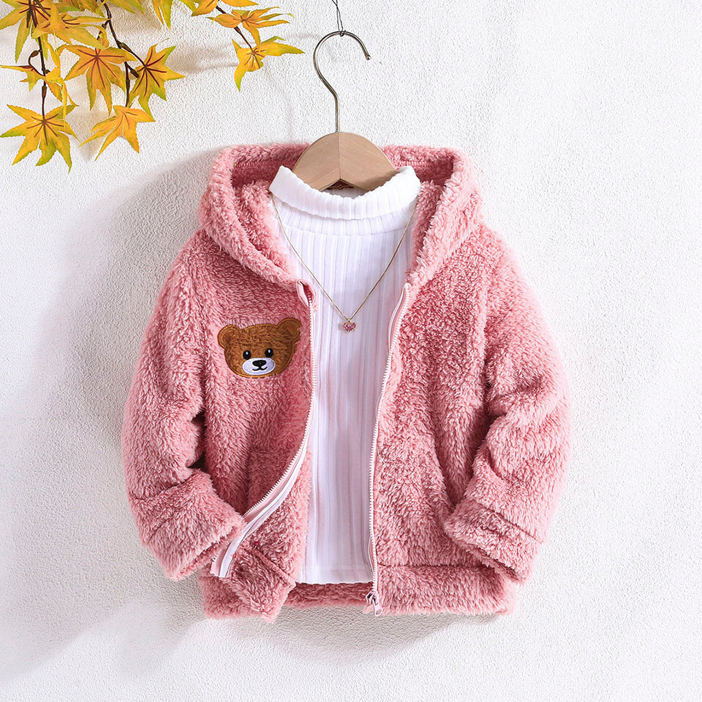 Girls Pink Fleece Bear Patchwork Hooded Jacket Coats & Jackets Pink 4-5 Y 