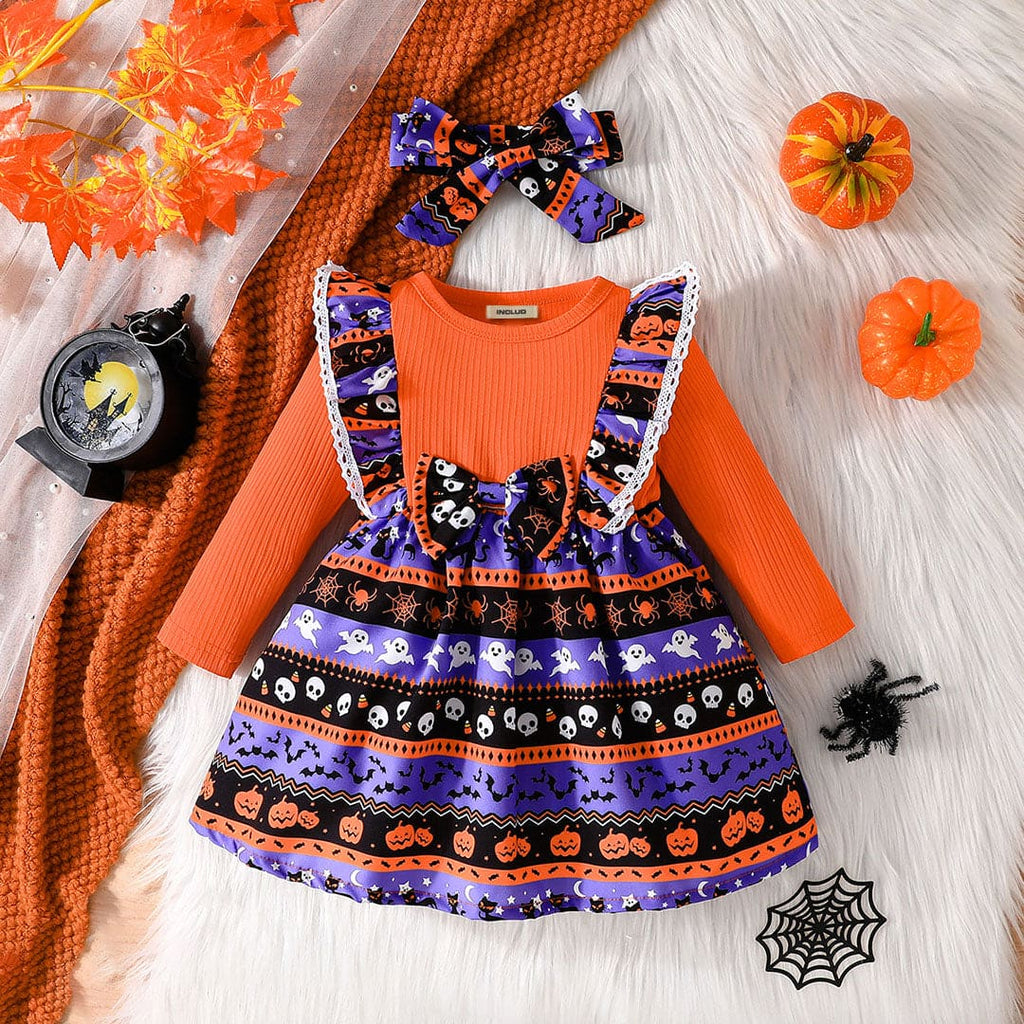 Girls Orange Printed Full Sleeves Casual Dress Casual Dresses Orange 3-6 M 