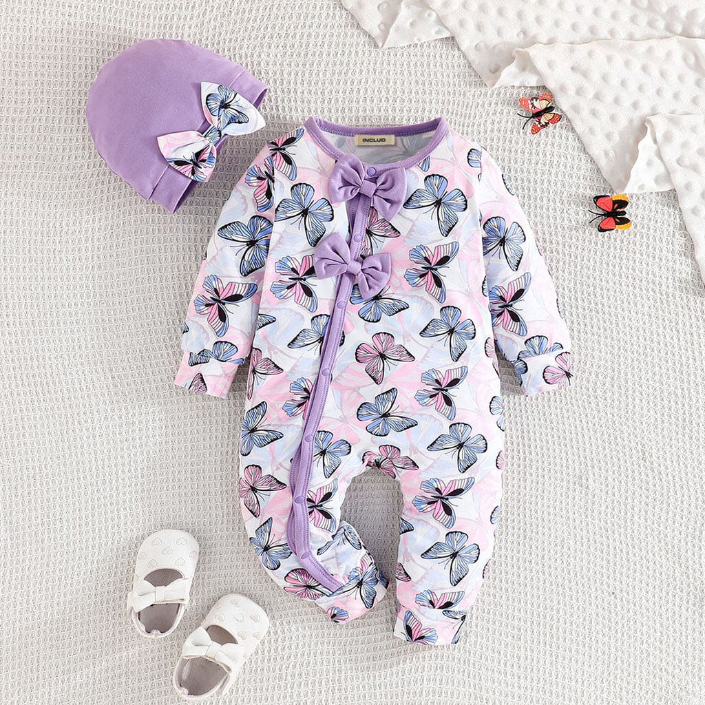 Girls Purple Butterfly Print Full Sleeves Jumpsuit Jumpsuits Purple 0-3 M 