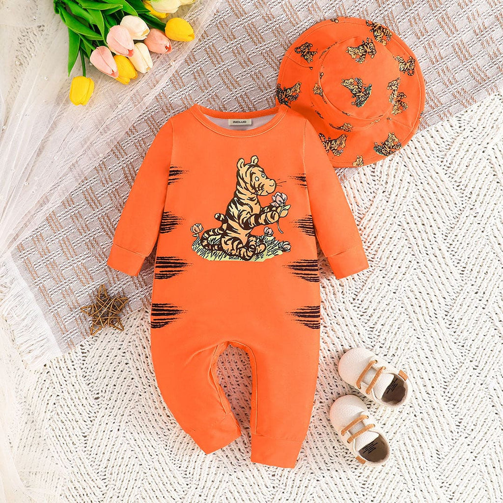 Boys Orange Tiger Print Full Sleeves Romper Jumpsuits Orange 0-3 M 