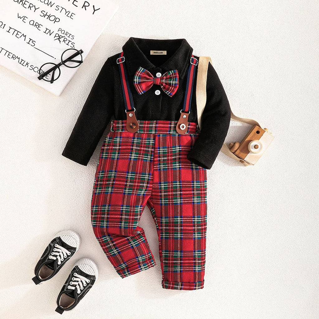 Boys Red Checkered Print Pants with Suspender & Full Sleeves Bodysuit Sets Red 3-6 M 