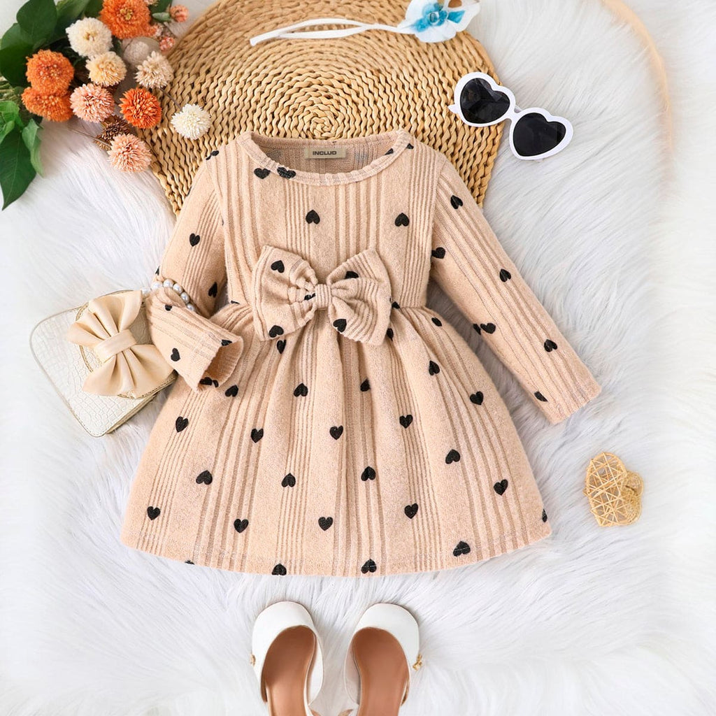 Girls Apricot Herat Print Full Sleeves Winterwear Casual Dress Casual Dresses Apricot 6-9 M 