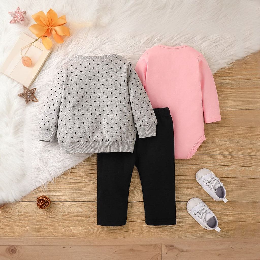 Girls Grey Polka Print Sweatshirt With Romper And Pants Set Sets Grey 3-6 M 