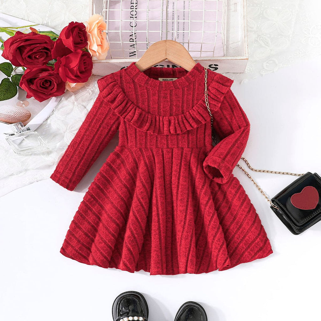 Girls Red Full Sleeves Fit & Flare Casual Dress Casual Dresses Red 6-9 M 