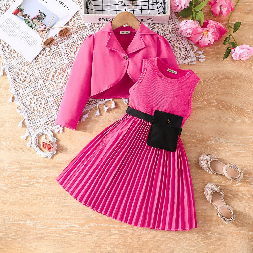 Girls Pink Sleeveless Pleated Dress with Full Sleeves Jacket Casual Dresses Pink 2-3 Y 