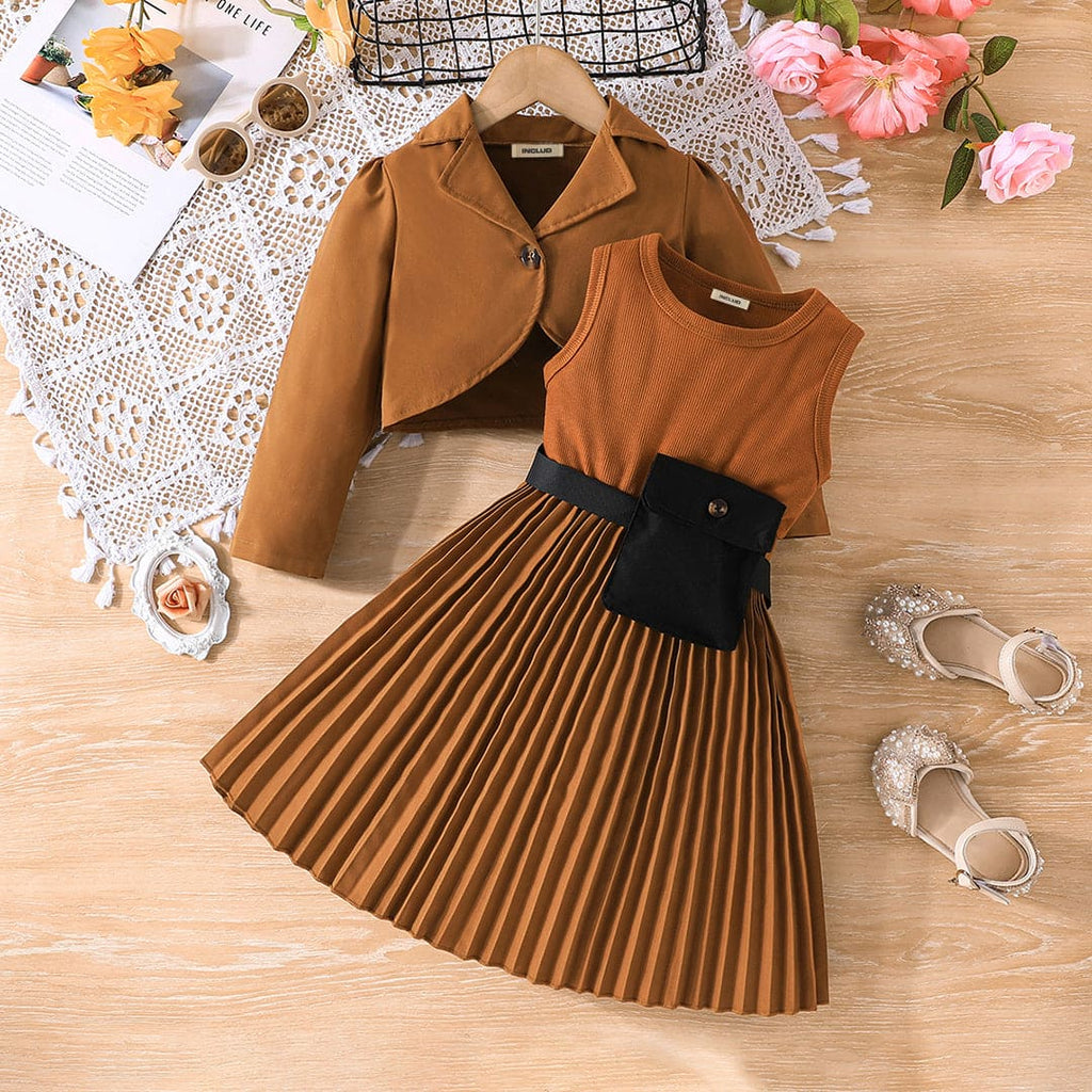 Girls Brown Pleated Fit & Flare Dress with Jacket Casual Dresses Brown 2-3 Y 