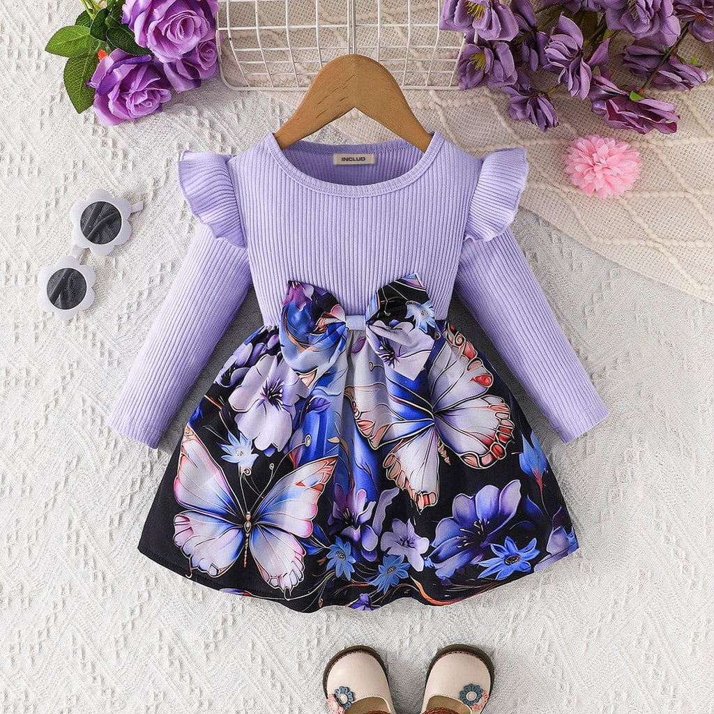 Girls Purple Butterfly Print Full Sleeves Casual Dress Casual Dresses Purple 6-9 M 