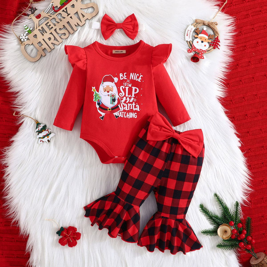 Girls Red Long Sleeve Romper With Check Pants Set Sets Red 3-6 M 