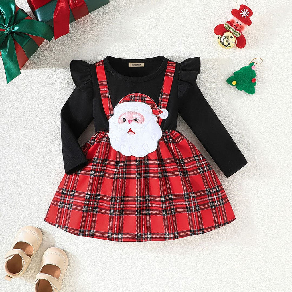 Girls Red Checkered Print Full Sleeves Fit & Flared Dress Casual Dresses Red 6-9 M 