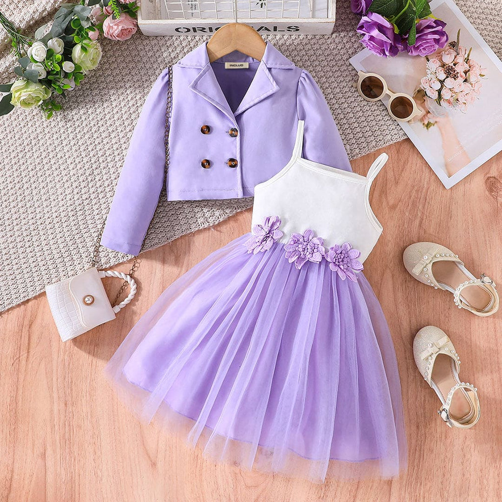 Girls Purple Flower Applique Fit & Flare Tulle Dress with Jacket Casual Dresses Purple 2-3 Y 