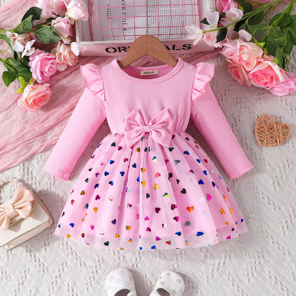 Girls Pink Foil Heart Print Full Sleeves Fit & Flare Casual Dress Casual Dresses Pink 6-9 M 