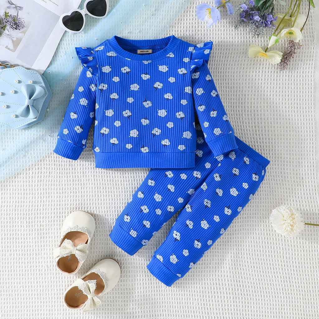 Girls Blue Flower Printed Top With Pants Set Sets Blue 3-6 M 