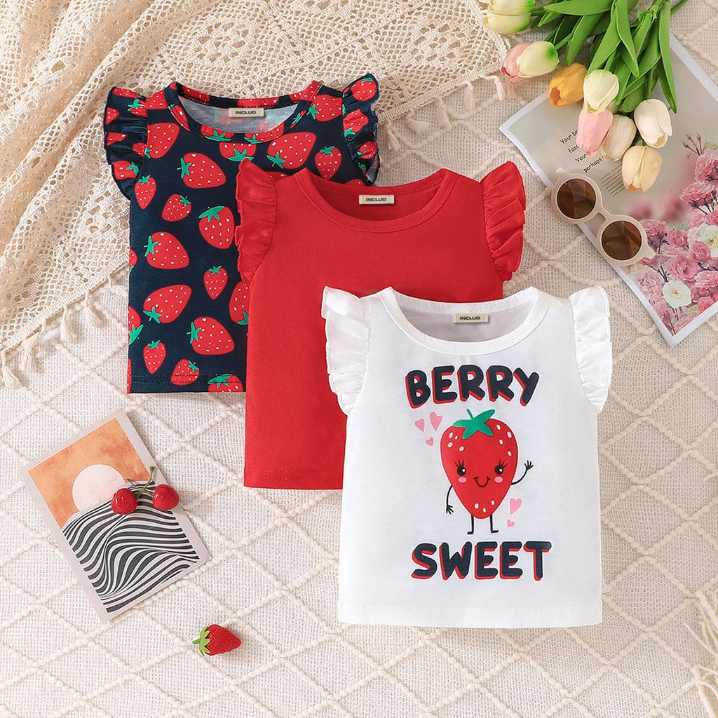 Girls Multicolored Strawberry Print Top ( Pack Of 3 ) Tops Multicolor 6-9 M 