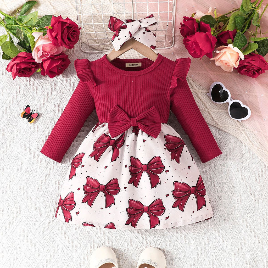 Girls Red Bow Print Full Sleeves Fit & Flared Dress Casual Dresses Red 6-9 M 