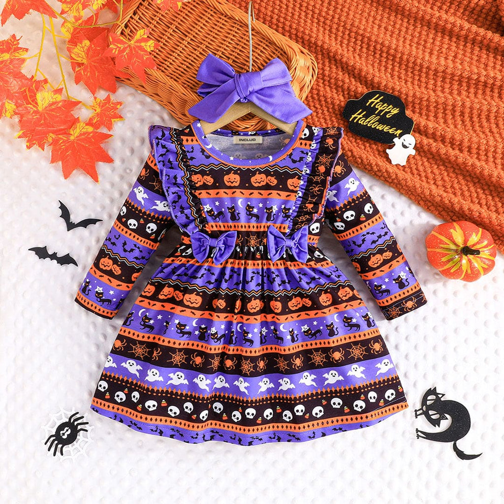 Girls Purple Halloween Print Full Sleeves Dress Casual Dresses Purple 6-9 M 