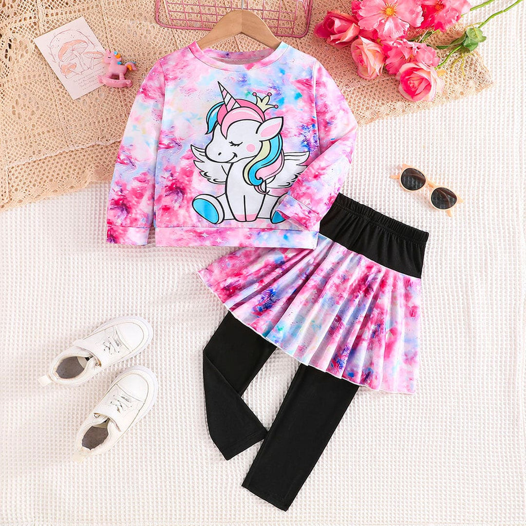 Girls Pink Unicorn Printed Sweatshirt with Skirt Legging Set Sets Pink 2-3 Y 