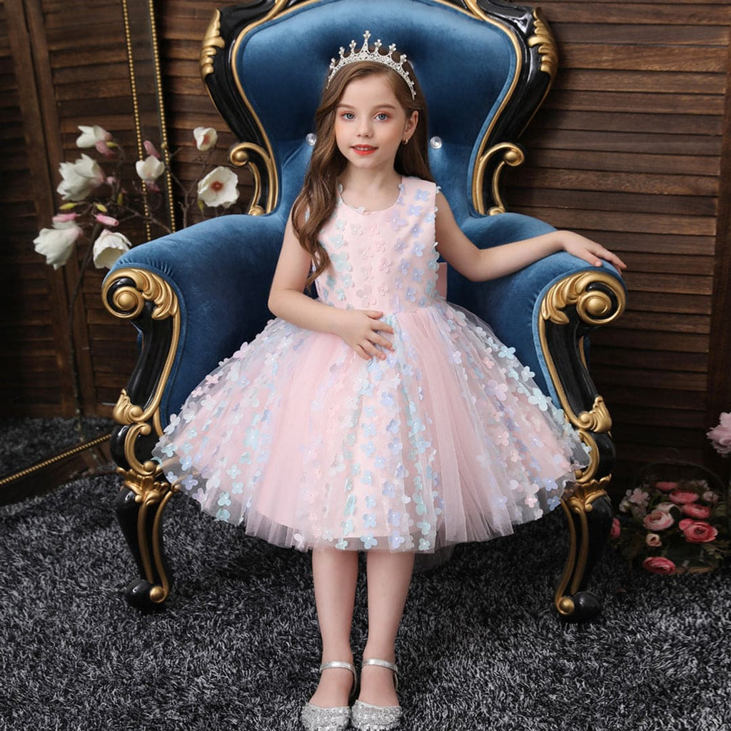 Girls Pink Embellished Bow Applique Party Wear Dress Party Dresses Pink 1-2 Y