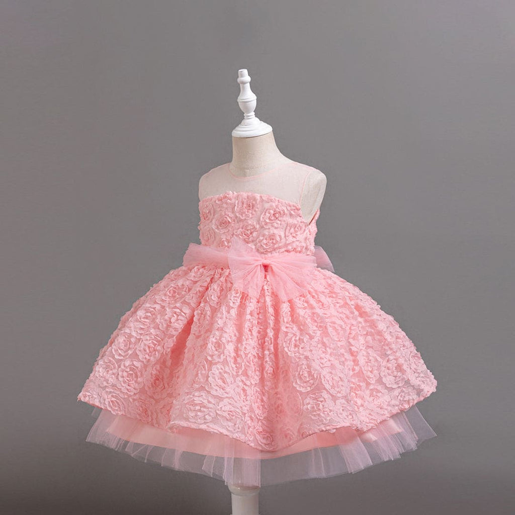 Girls Pink Flower Textured Party Wear Dress Party Dresses