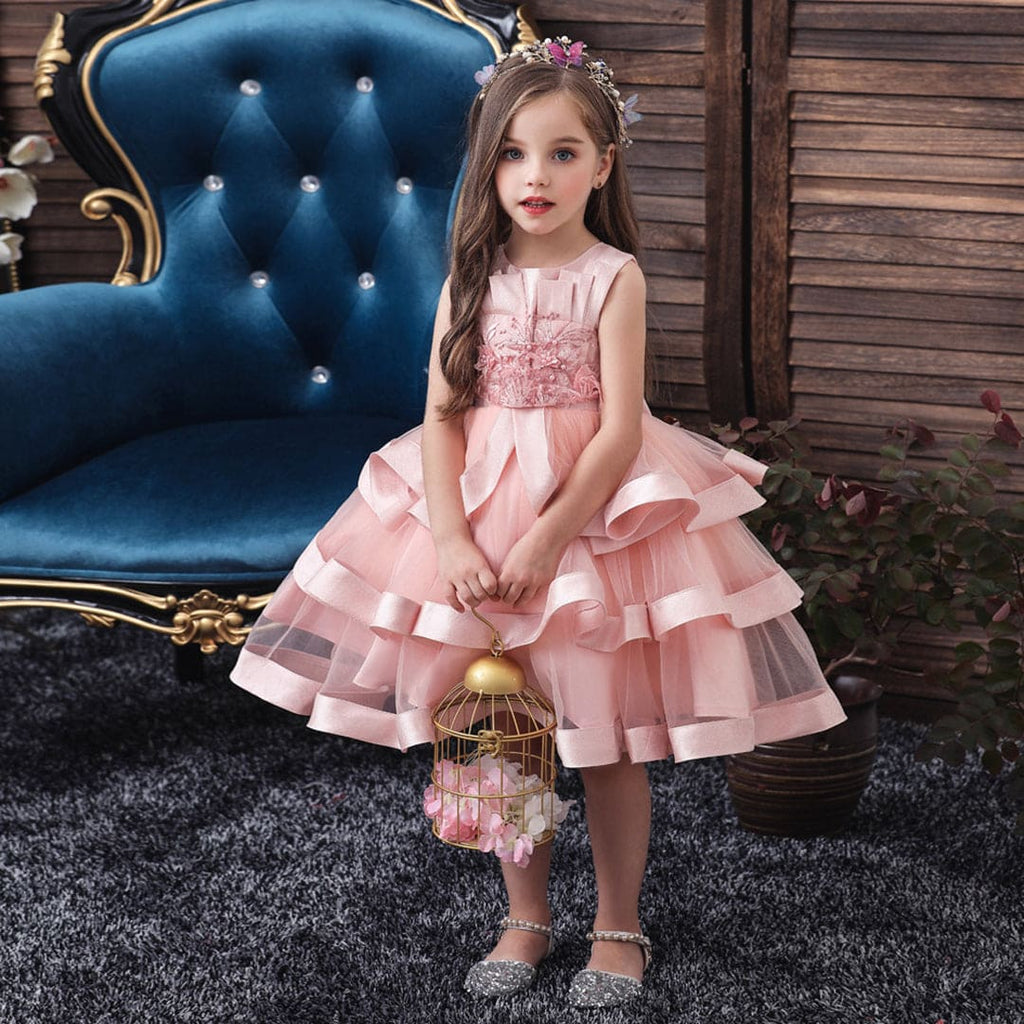 Girls Pink Embroidered Sleeve Less Tulle Party Dress Party Dresses Pink 1-2 Y