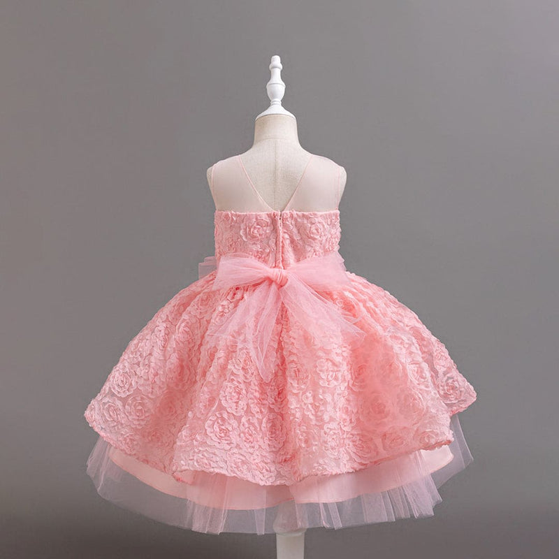 Girls Pink Flower Textured Party Wear Dress Party Dresses