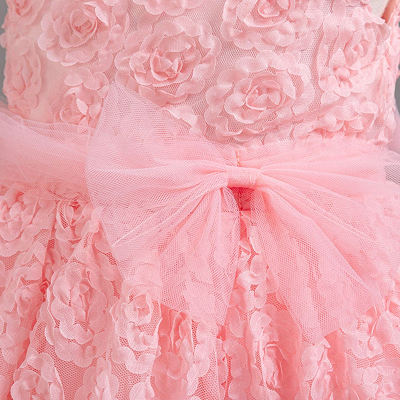 Girls Pink Flower Textured Party Wear Dress Party Dresses