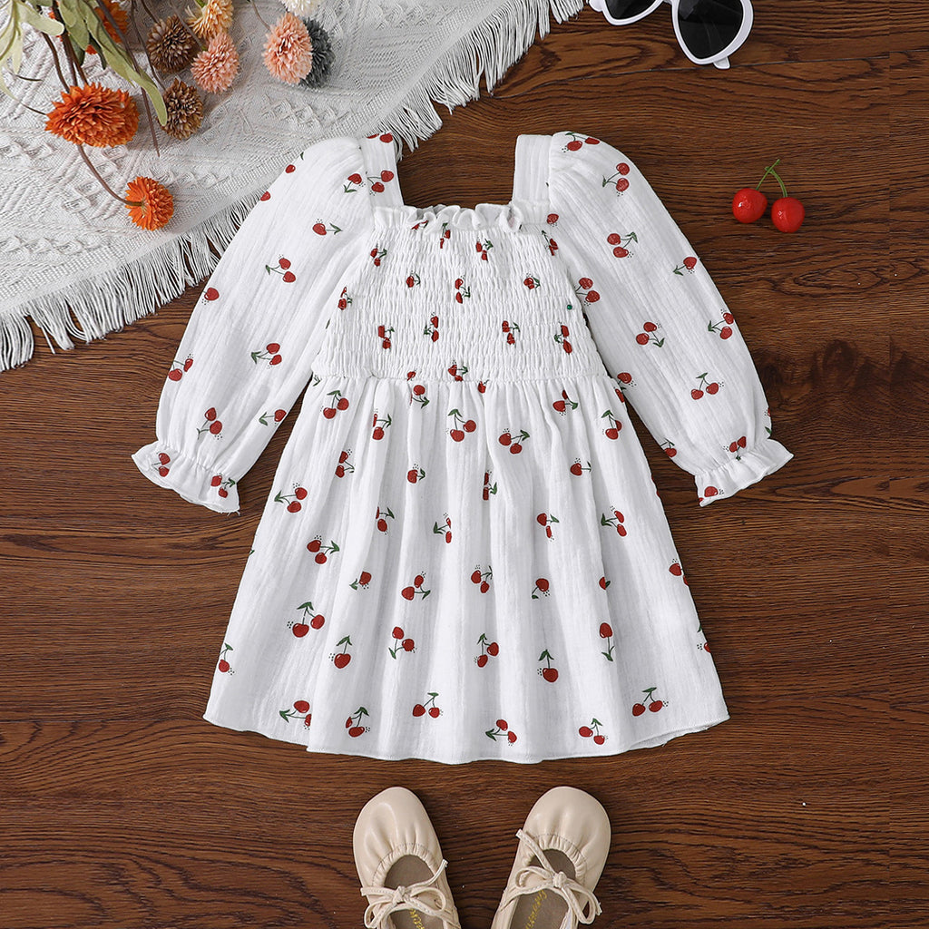 Girls White Cherry Printed Full Sleeves Fit & Flare Dress Casual Dresses White 6-9 M 