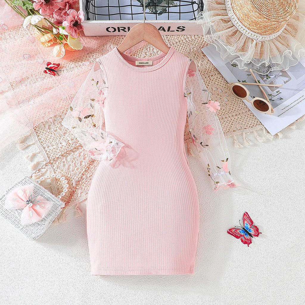 Girls Pink Knitted Puff Sleeves Bodycon Dress Party Dresses Pink 4-5 Y 