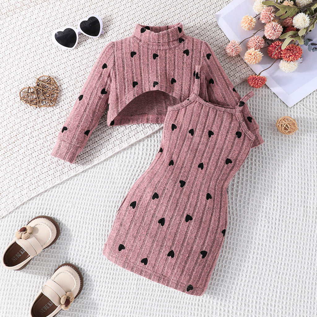 Girls Brown Heart Print Bodycon Dress with Crop Top Casual Dresses Pink 6-9 M 