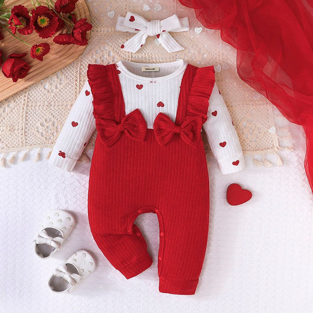 Girls Red Heart Print Long Leg Romper Jumpsuits Red 3-6 M 