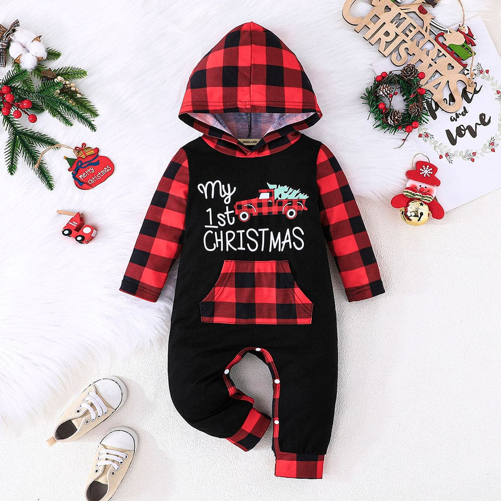 Boys Black Checkered Print Hooded Sweatshirt with Trouser Set Sets Red 3-6 M 