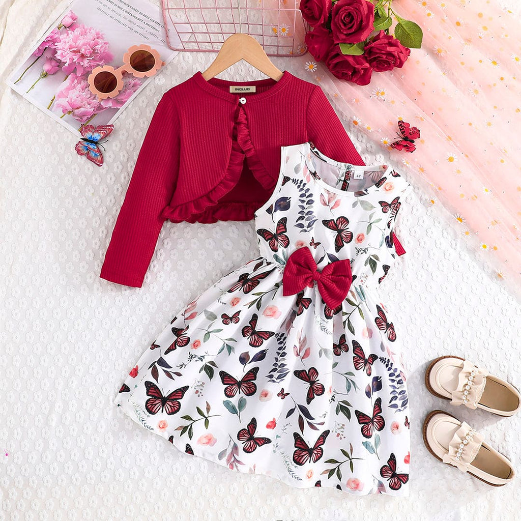 Girls Red Butterfly Print Fit & Flare Casual Dress with Shrug Casual Dresses Maroon 2-3 Y 