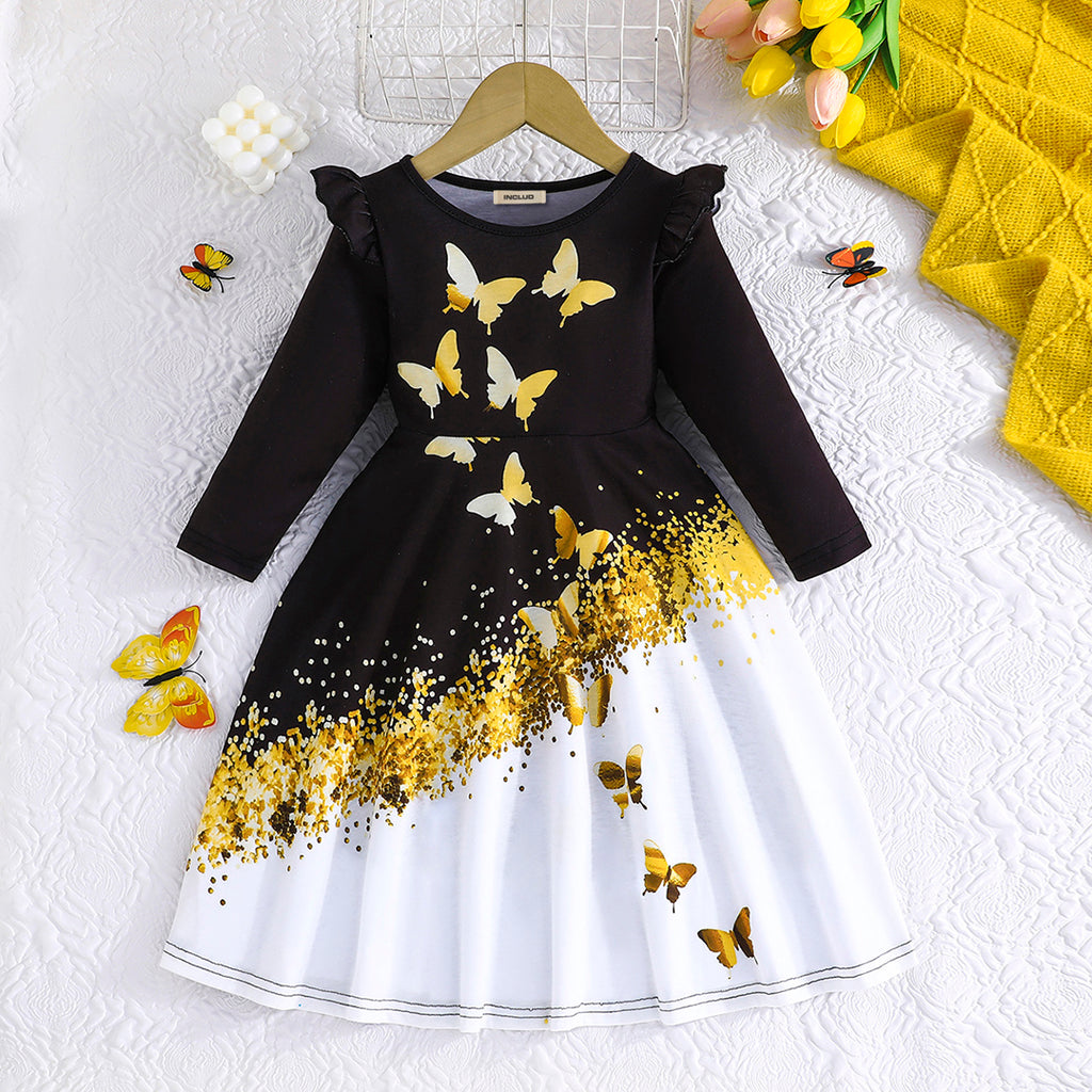 Girls Black Butterfly Print Full Sleeves Fit & Flare Dress Casual Dresses Black 4-5 Y 