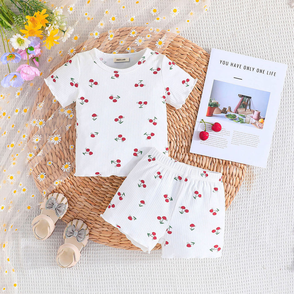 Girls White Short Sleeve Cherry Print Top With Shorts Set Sets White 6-9 M 