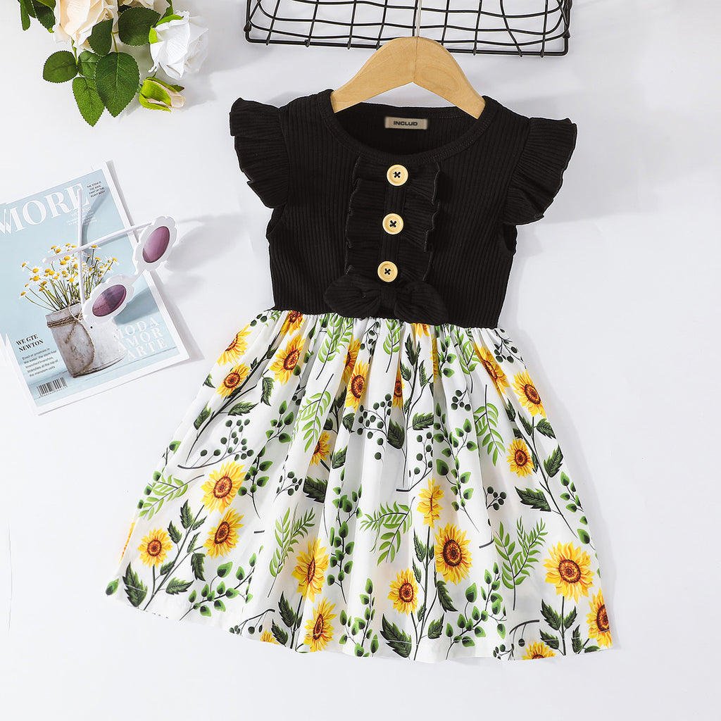 Girls Black Flower Printed Fit & Flare Dress Casual Dresses Black 0-1 Y 