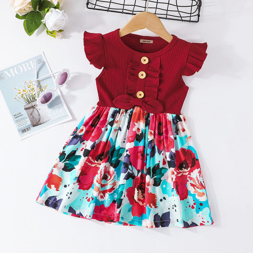 Girls Red Short Sleeve Floral Printed Fit & Flare Dress Casual Dresses Red 0-1 Y 