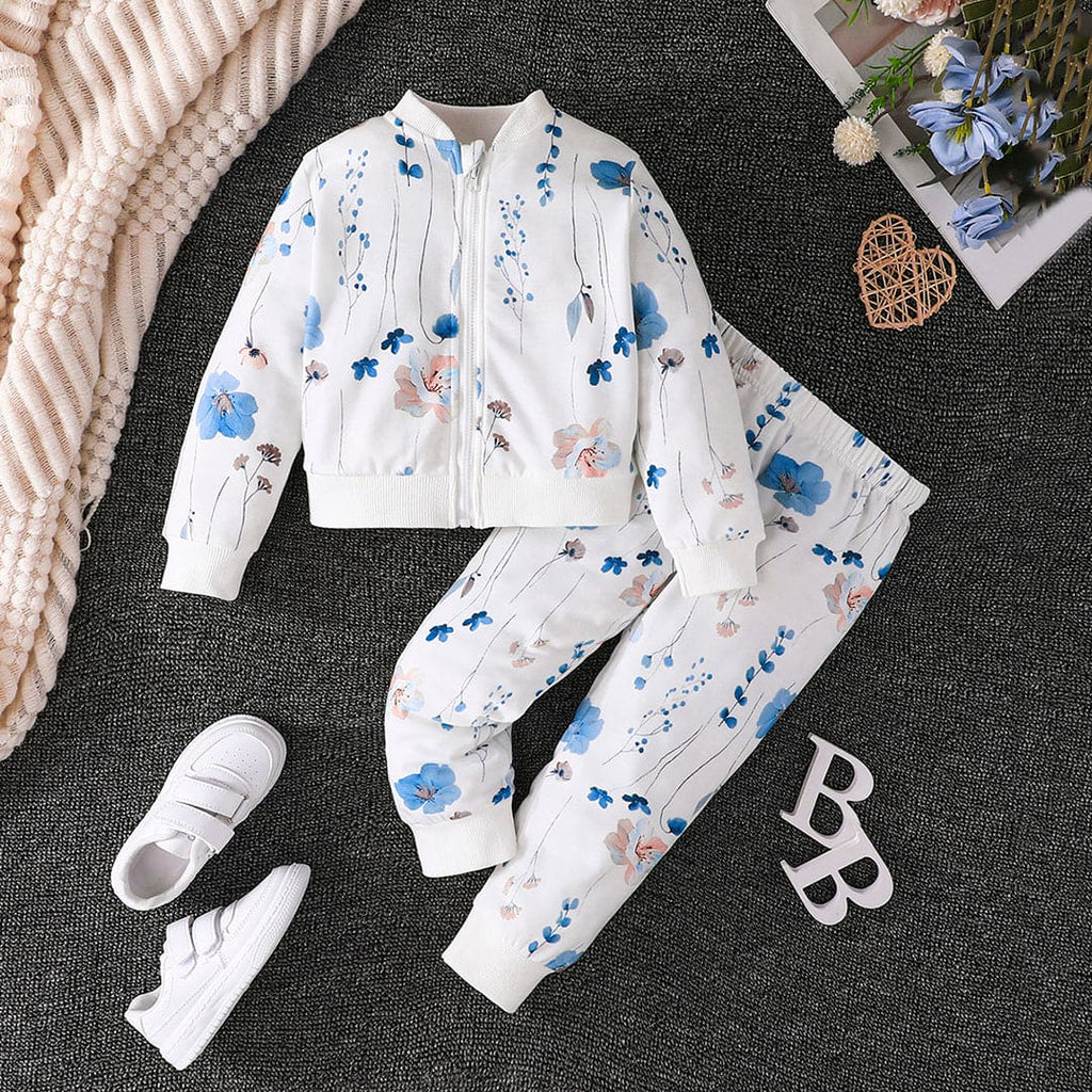 Girls White Floral Print Jacket with Trouser Set Sets White 4-5 Y 