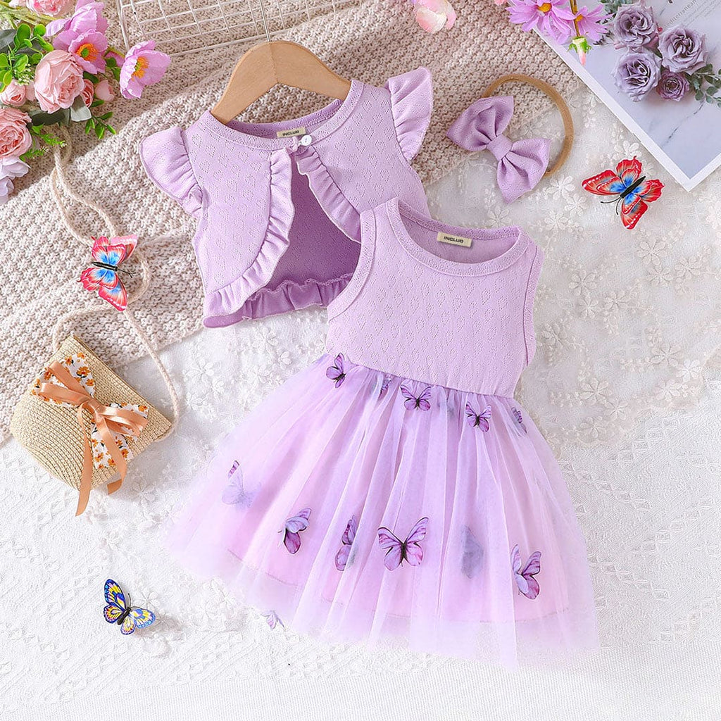 Girls Purple Butterfly Print Sleeveless Casual Dress with Shrug Casual Dresses Purple 3-6 M 